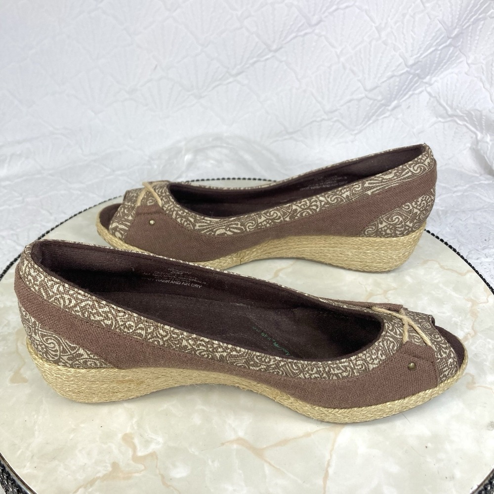 Grasshoppers Peep Toe Espadrille Wedge Shoes Women 8 Brown Comfort Slip On Heels - Picture 9 of 12
